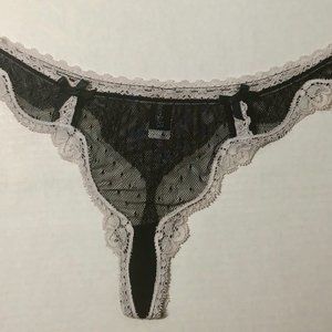Fredericks of Hollywood Thong  Sheer Black Soft Net and White Lace Trim
